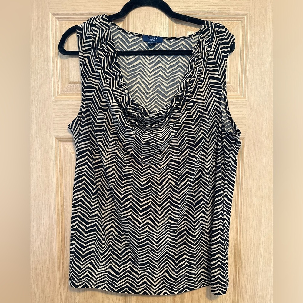 Chaps Black and White Chevron Sleeveless Cowl Neck Blouse